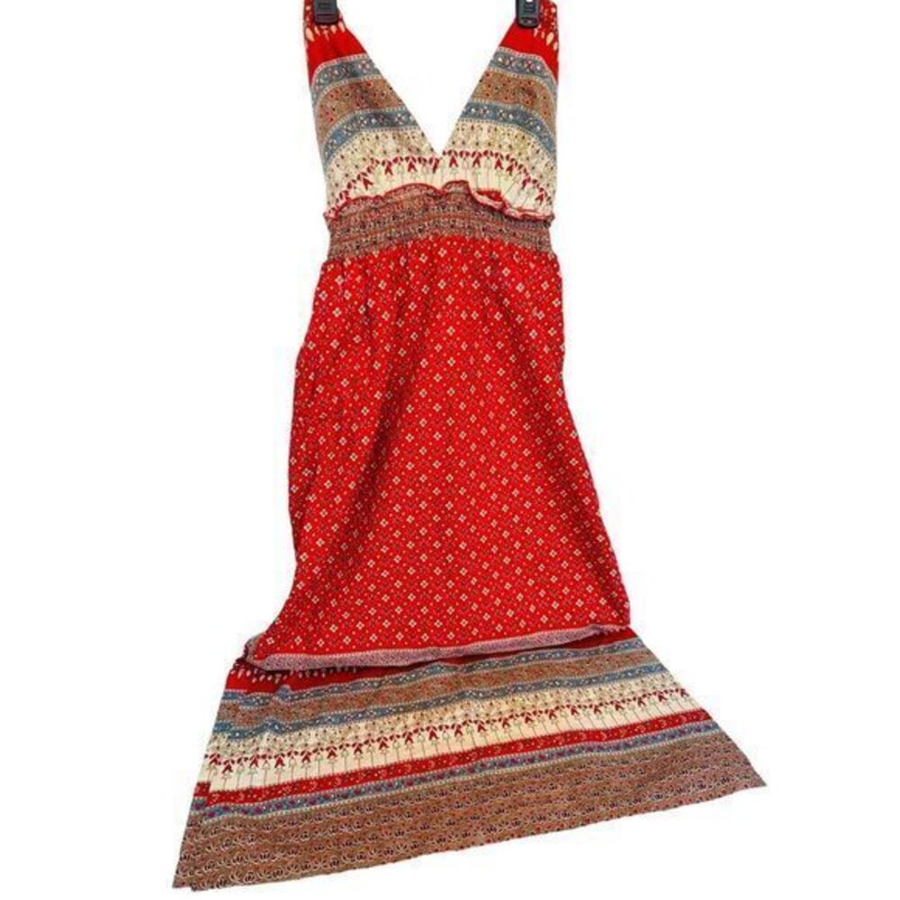 Vintage 1970's Rags by Kressandra Hippie Festival Floral Red Dress Halter XS-S